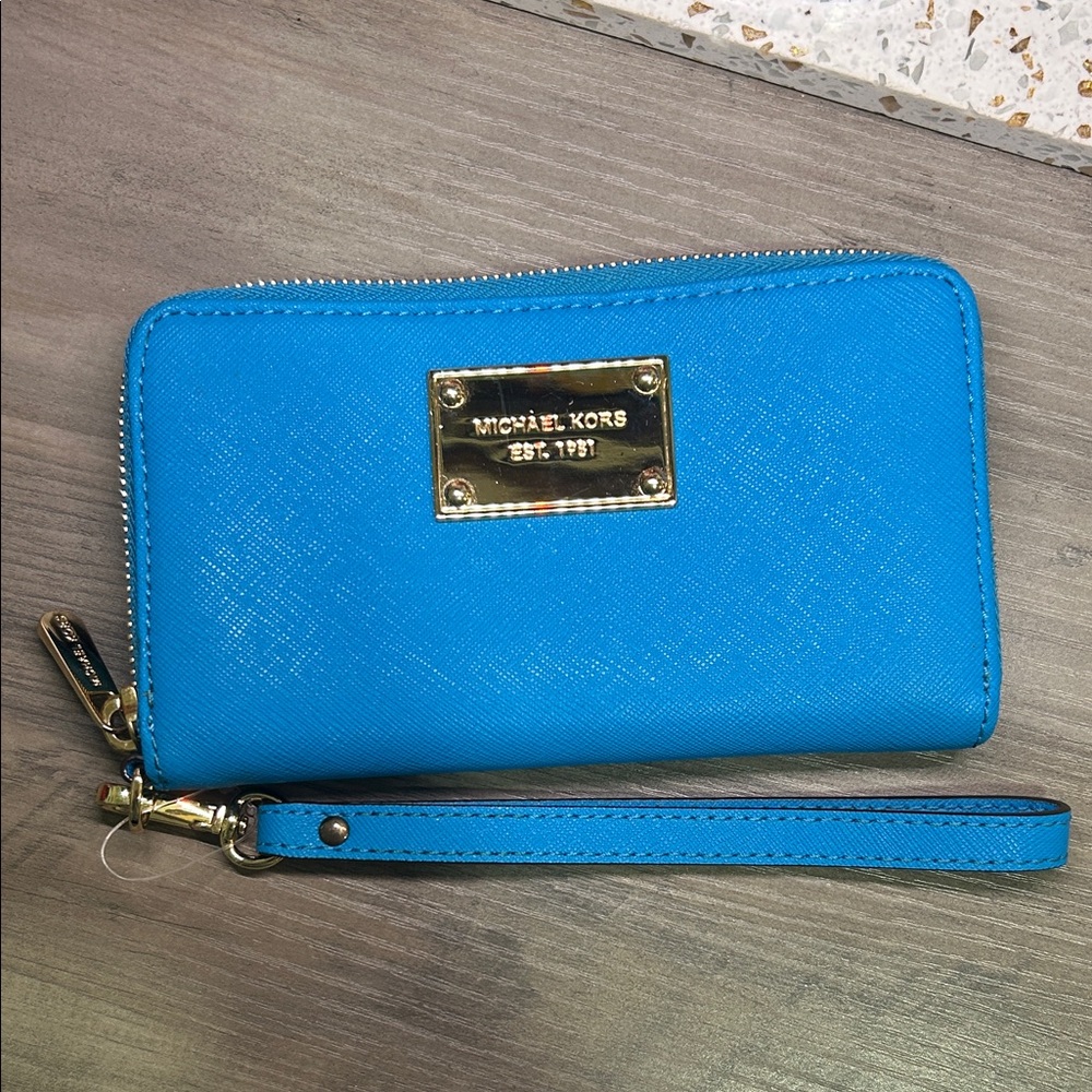 Michael Kors Turquoise Wristlet with Gold Hardware